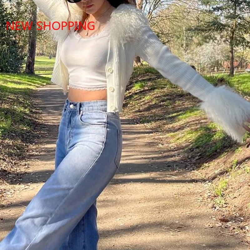 Winter Fall 2021 Fur Collar and Cuffs Cropped Cardigan Sweaters Women Fairy Elegant Fashion Single Breasted Y2K Fairycore Jacket