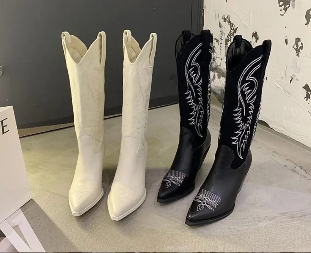 Fashion Embossed Microfiber Leather Women Boots Pointed Toe Western Cowboy Boots Women Knee-High Boots Chunky Thick heel boots