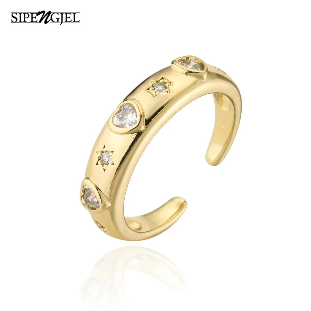 

SIPENGJEL Fashion Personalized Love Hexagram Zircon Geometric Open Ring Gold Couple Ring for Women Jewelry Gift