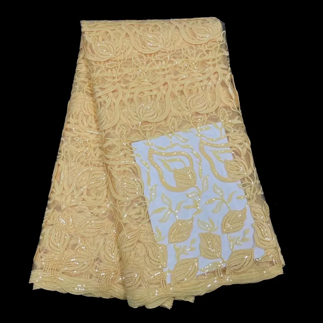 

African Latest Fashion Yellow Lace Fabric 5 Yards French High Quality Tulle Embroidery Sequins Nigeria Wedding Prom Dress Sew