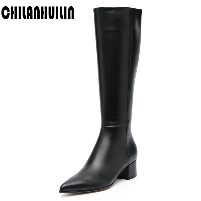 

Популярные осенние женские сапоги до колена в европейском и американском стиле, привлекательные сапоги на высоком каблуке с острым носком, черное платье, теплые зимние сапоги для женщин