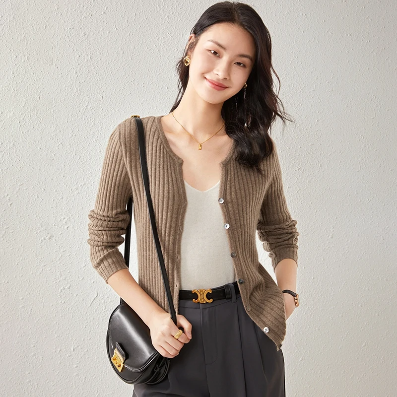 2023 Fashion New 100% Cashmere Cardigan Women's V-neck Striped Cashmere Sweater Sweater Knitted Underlay Versatile Coat