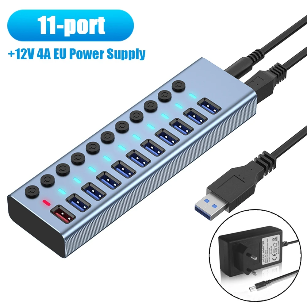 

11 Ports USB3.0 Splitter Computer Extender USB HUB 2.4A Fast Charging Port External 12V Power Supply -EU Plug