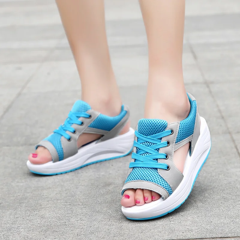 New in Sandals Women Summer Fish Mouth Open Toe Lace Up Women Sandals Fashion Breathable Mesh Casual Platform Shoes Female