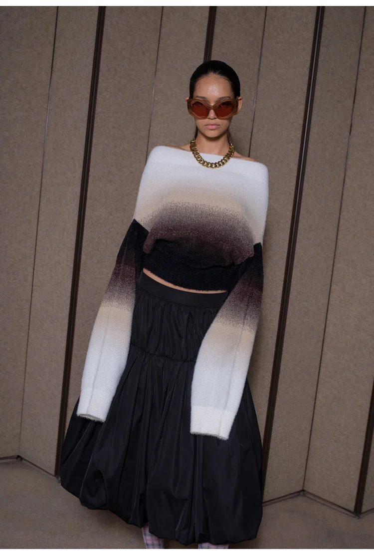 

Hair Mink French Retro One Shoulder Top Women Off Shoulder Loose Pure Autumn Two Wear Mocha Gradual Change Sweater