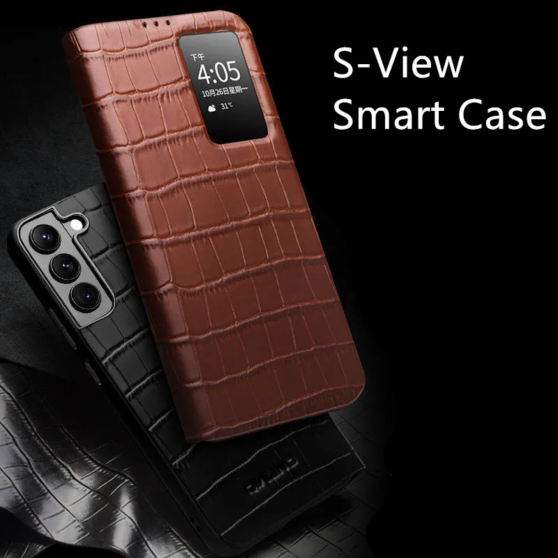 Original Qialino Genuine Leather S View Flip Cover For Samsung Galaxy S22 Ultra PLUS Crocodile Texture Window Display Smart Case