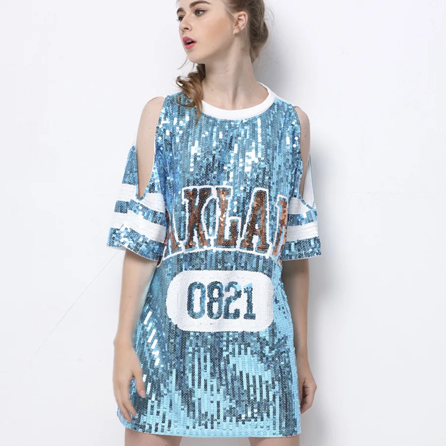 

2022 Harajuku Sequins Black Blue White Off Shoulder Tee Shirt Women Sexy Stage Show Dance Costume Streetwear Clothing