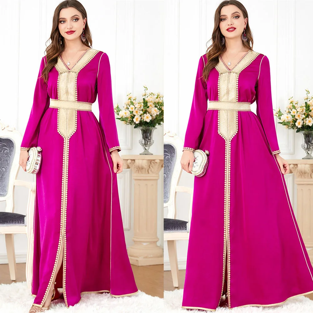 

Jalabiya Ramadan Eid Elegant V-Neck Lace Tape Panel Belted Dress Moroccan Kaftan Robe Dubai Abaya Islam Luxury for Muslim Women