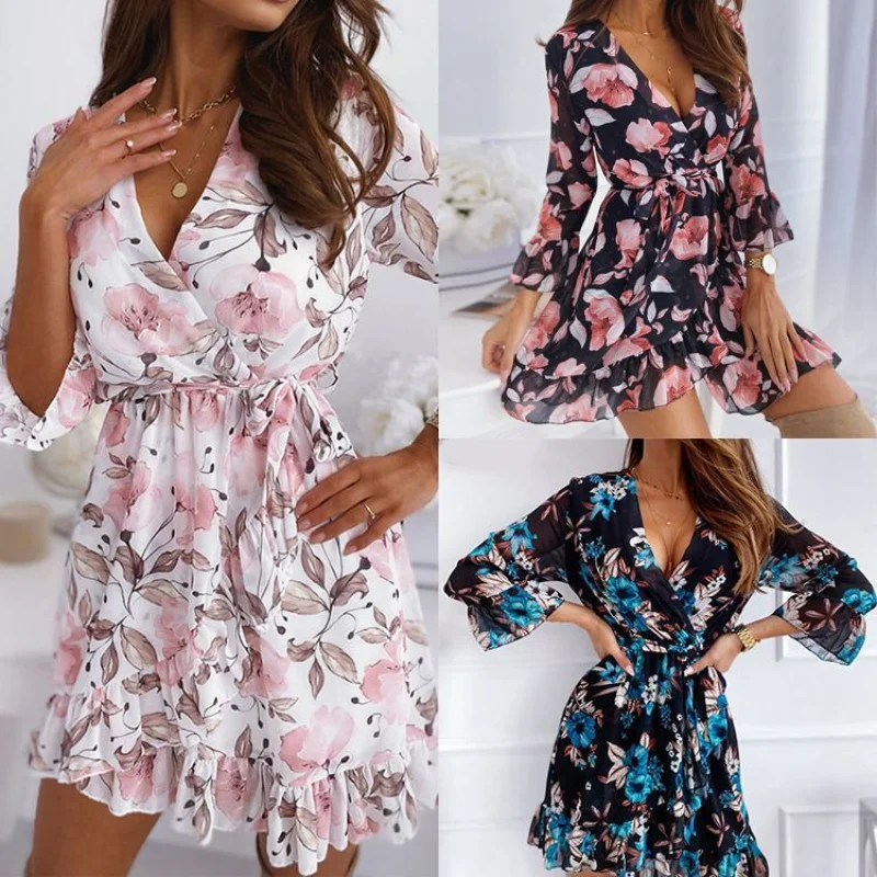 

Dresses for Women 2023 Vestido Fashion Spring and Autumn Ruffle Dress Floral Lace Up Nine Points Sleeve Korean Pullover Dress