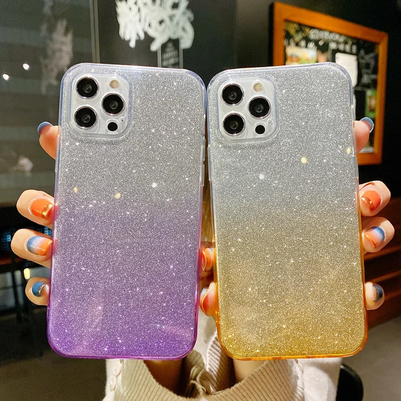 

For iPhone 13 12 11 Pro Max Mini x XR XS 6 7 8 plus se2020 luxury gradient soft TPU shiny Sequin cover silicone shockproof case