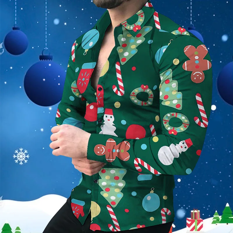 Christmas Shirts For Men Designer Clothes Long Sleeve Blouses Vintage Tops Spring Autumn Male Thin Lapel Printed Casual Blouses