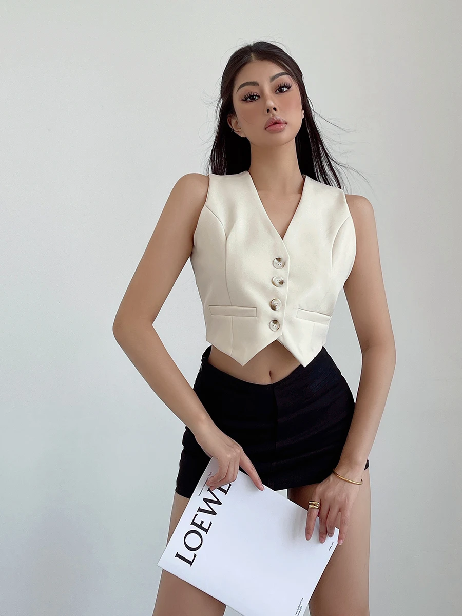 

WOMENGAGA Four Button Short Suit Vest Women Short Casual Vest Camisole Top Fashion Women Tops 2023 New Summer Autumn Q8NX