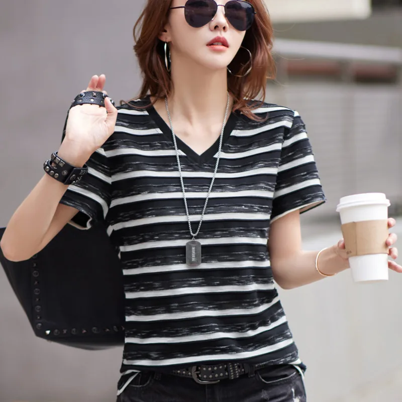 #0274 летняя полосатая футболка Женская Винтажная с коротким рукавом и V-образным