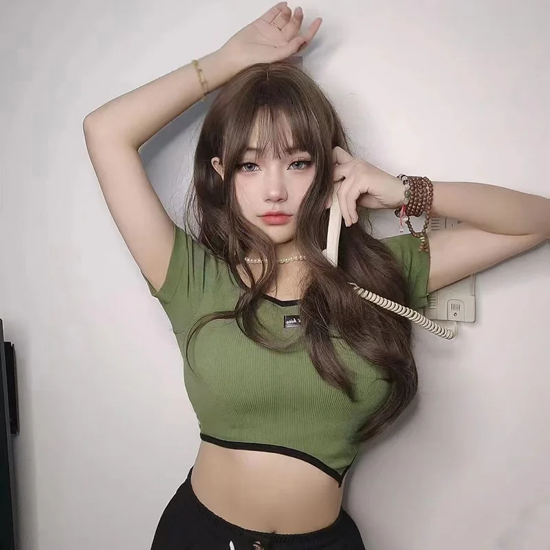 

American Girls Square Neck Short Sleeve T Shirts Slim Crop Sexy Tops New Women Casual Streetwear Female Tees