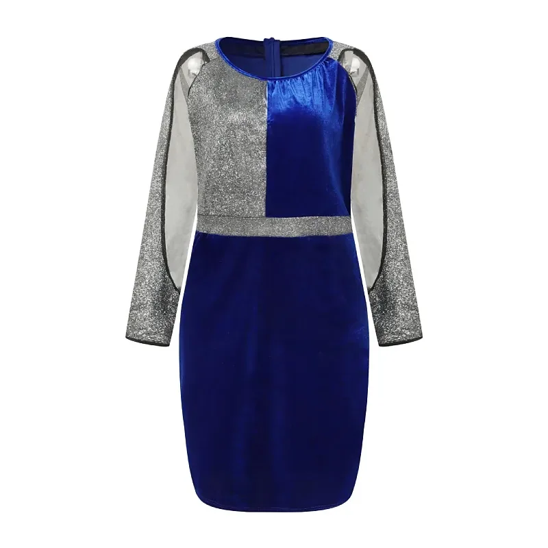 Women Party Dress Plus Size Dresses for Women 2021 Elegant Sequin Patchwork Mesh Sleeve Velour Wedding Evening Bodycon Dress 5XL