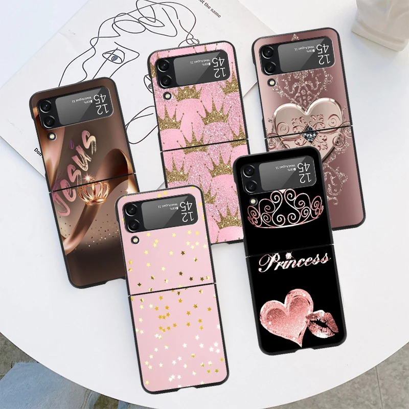 

Phone Case For Samsung Galaxy Z Flip 3 4 5G ZFlip3 ZFlip4 zflip3 flip4 Black Hard ZFlip Shell Cover Rose Gold Pink Princes Queen