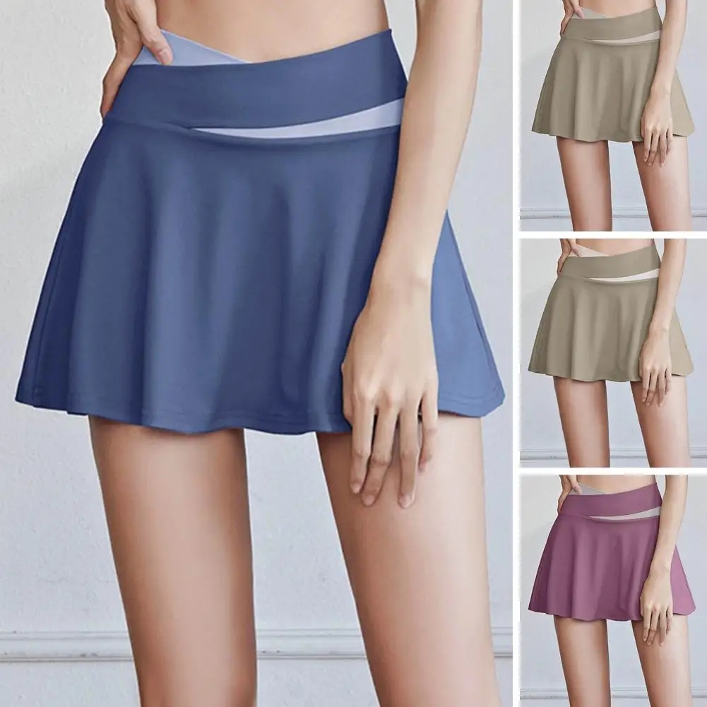 

Inner Pocket Elastic Waistband Tennis Skort Solid Color Quick Drying Anti-exposed Women High Waist Mini Skater Skirt Sportwear