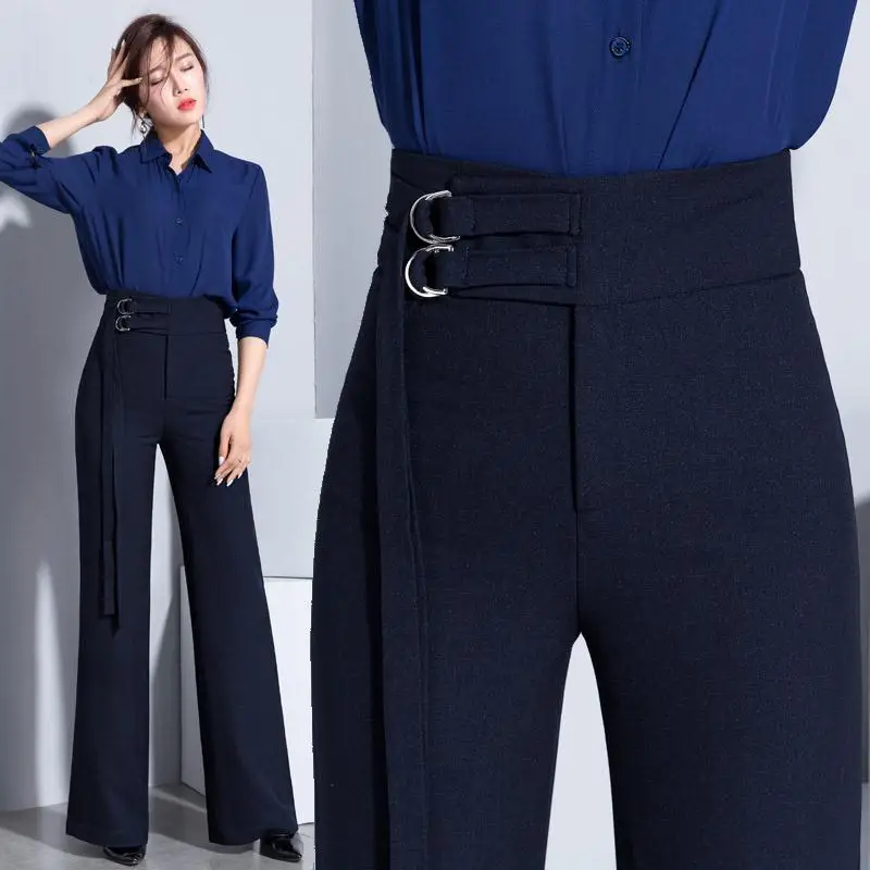 

Women Wide Leg Pants Chic Fashion Office Wear Solid Straight Pants High Waist Female Versatile slim Trousers suit Pants K21