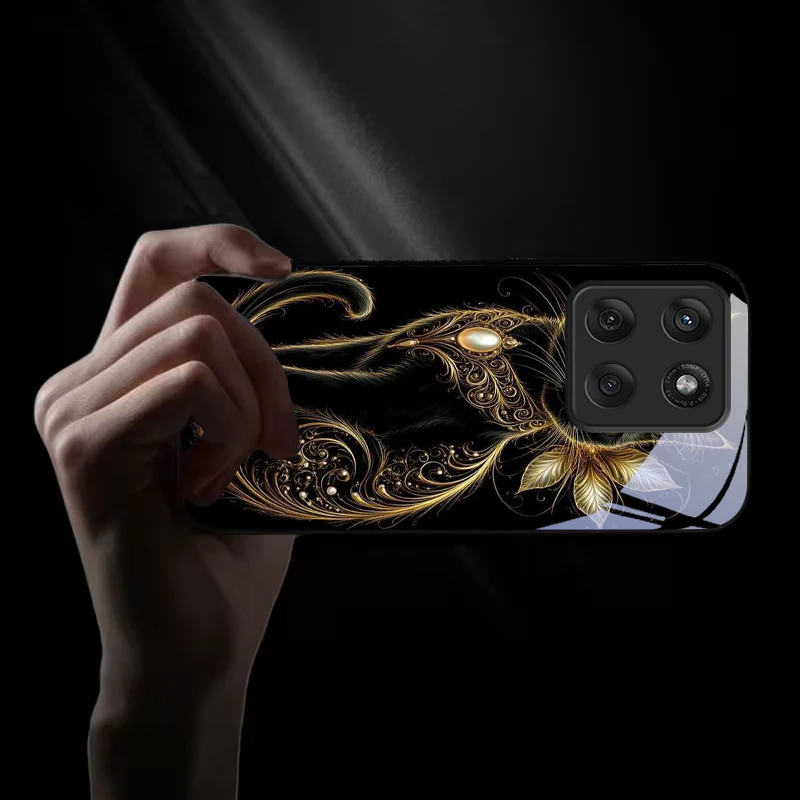 Чехол для телефона Mystic Golden Pearl Cat из черного стекла для Motorola Moto Edge 60 70 20 Lite 30 Pro 40 50 Ultra X30 Pro G14 G75 G84 (art.: 3920dcf272a49) - 3920dcf272a49