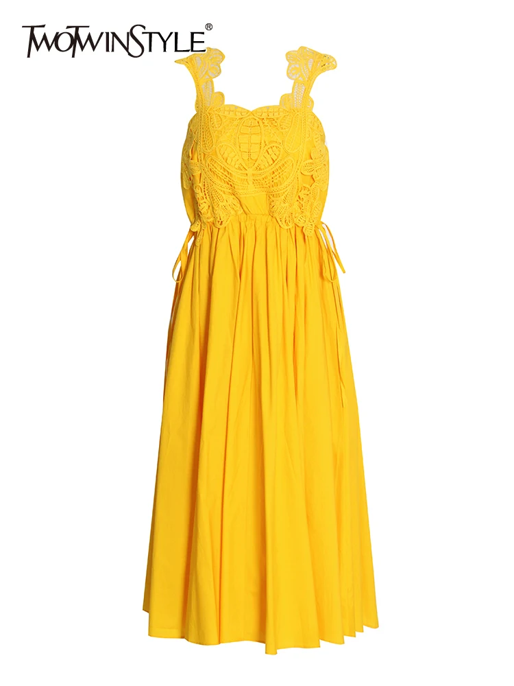 

TWOTWINSTYLE Summer Sling Dress For Women Square Collar Sleeveless High Waist Ruched Midi Dresses Female Clothing Fashion New