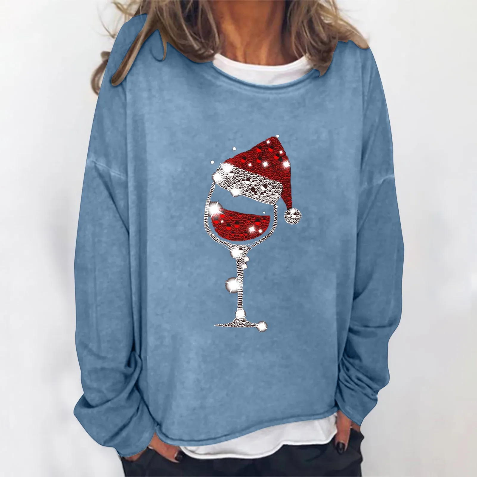 

Women Casual Christmas Print Round Neck Long Fleece Sweatshirt Hoodies Women Color Blouse Ladies Zip up Sweatshirt No Hood