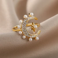 pearl moon star open rings for women luxury stainless steel adjustable zircon bling stone crown finger wedding ring jewelry 2022