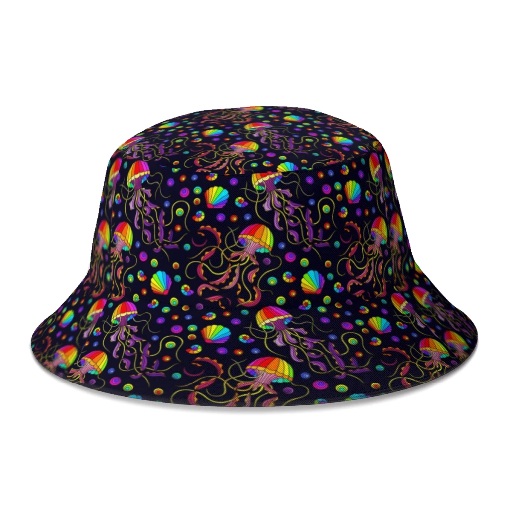Rainbow Jellyfish And Shells Women Men Fisherman Hats  Autumn Streetwear Panama Sun Cap For Bob