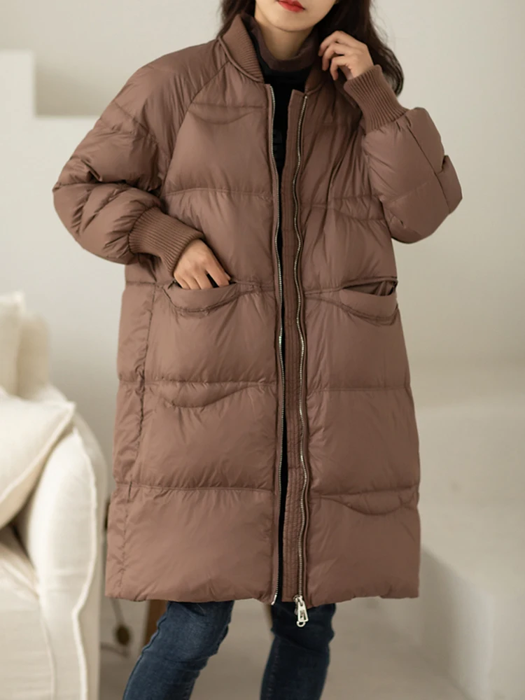 

Ailegogo New Winter Women Loose Thick Warm 90% White Duck Down Parka Casual Female Zipper Pocket Down Long Coat Snow Outwear