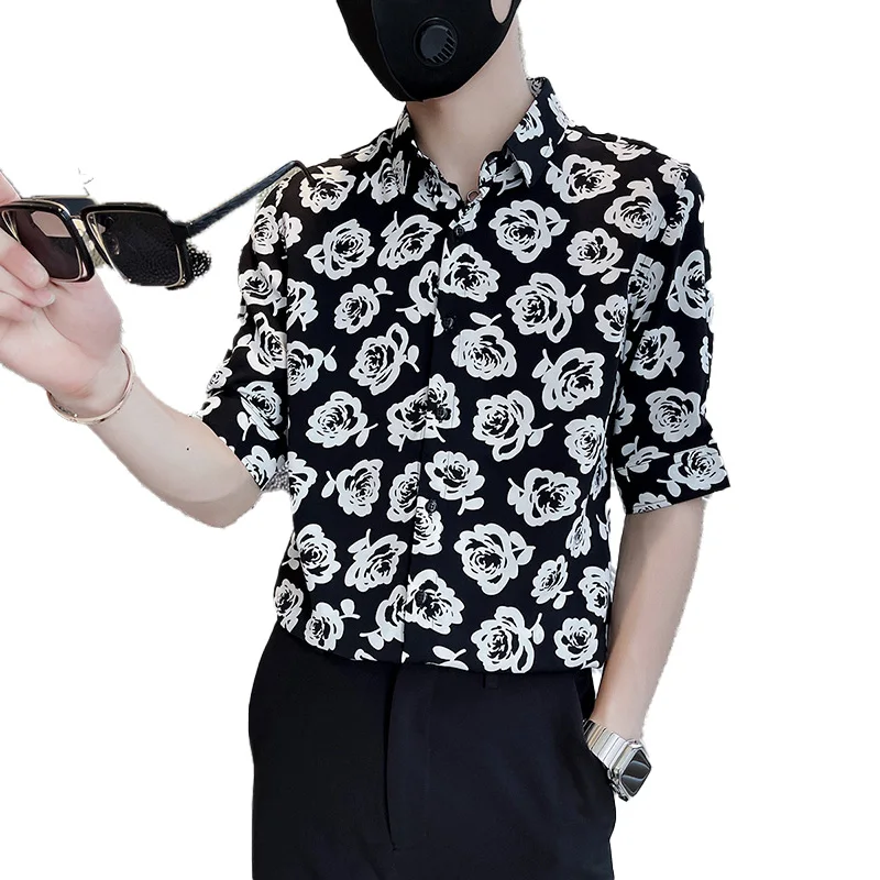 Flower Print Shirts for Men Summer Half Sleeve Casual Shirt Fashion Business Formal Dress Shirts Social Party Tuxedo Streetwear