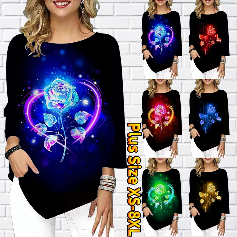 

Women Round Collar Three Quarter Sleeve Fashion Loose T-shirt Summer Flower Printed Pullover Irregular Hem T-shirt Basic Tops
