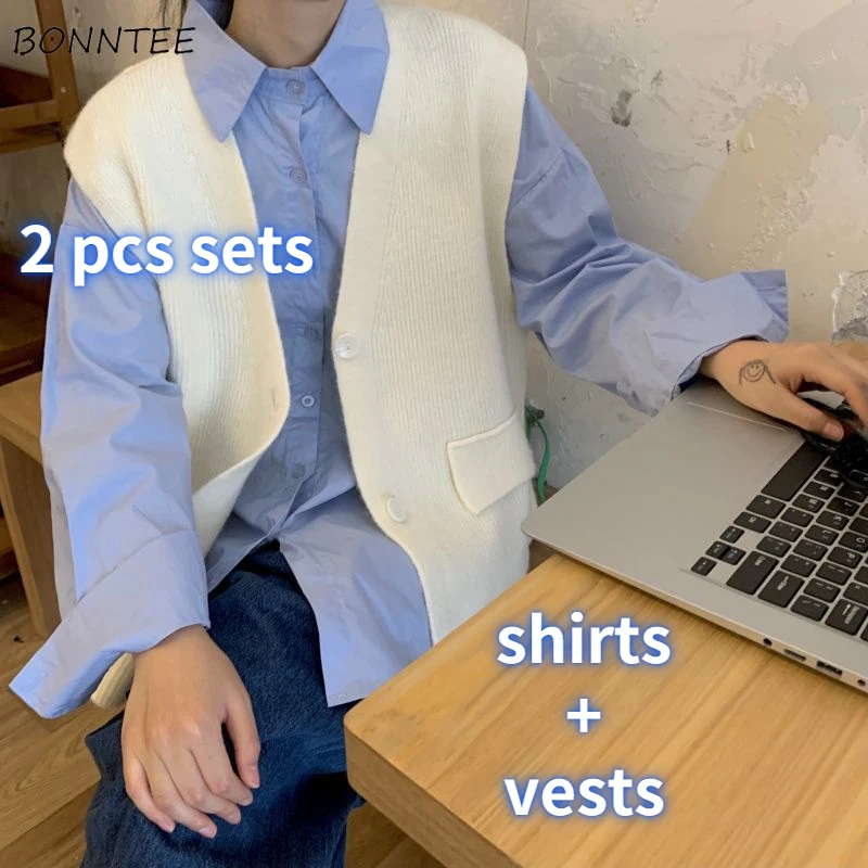 

Sets Women Sweet Solid Spring New Arrival All-match Preppy Style V-neck Sweater Vests Long Sleeve Shirts Hot Sale Korean Fashion