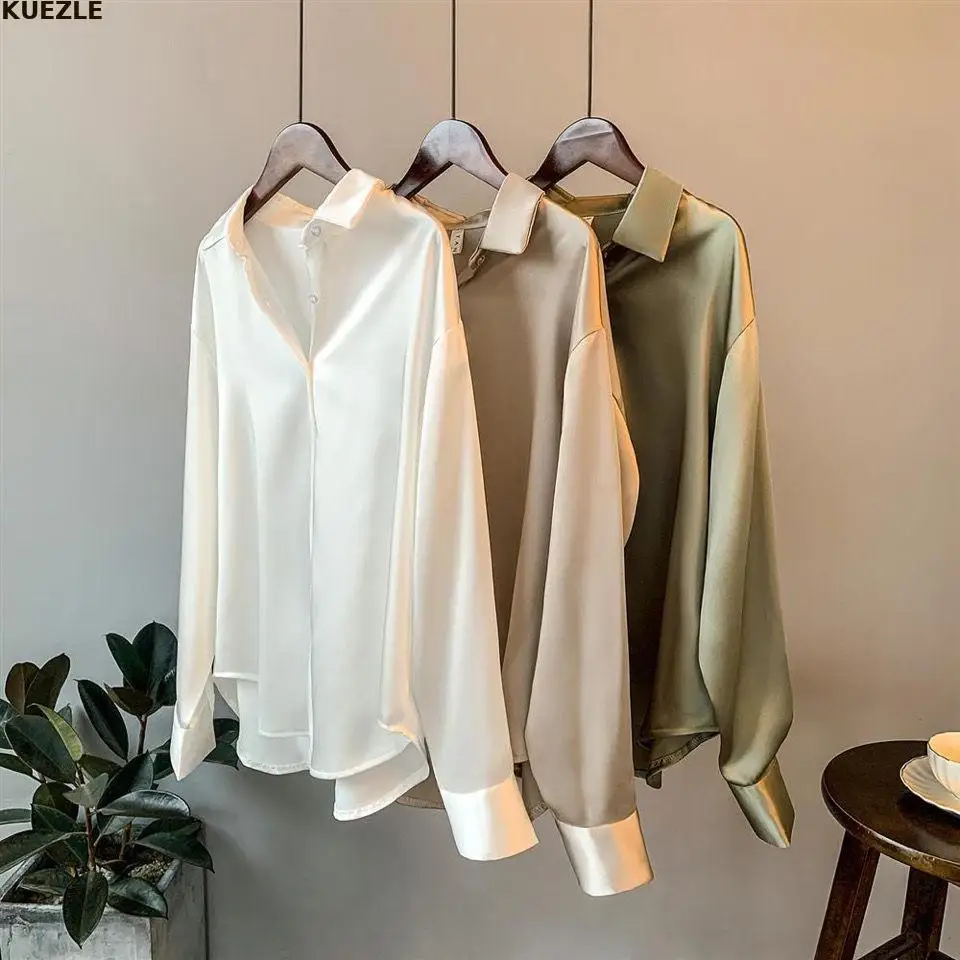 

Blouses Spring 2022 Womens Clothing Silk Dress Shirt Vintage Blouse Sheer Longsleeve Casual Shirt Woman Overshirt Tuxedo Shirts