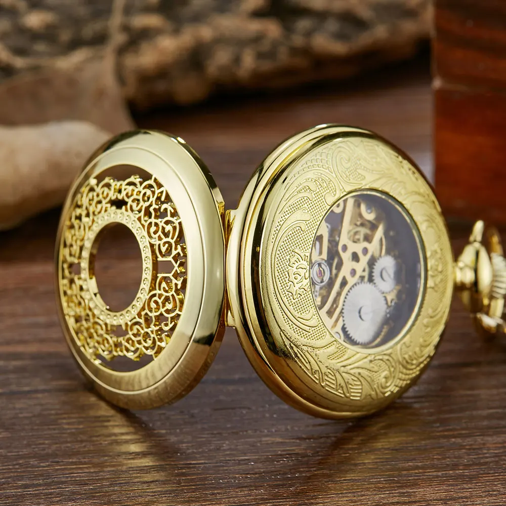 Black Hollow Flowers Smooth Mechanical Pocket Watch Men Skeleton Steampuk Hand Wind Pendant Clock Chain With Arabic Numerals