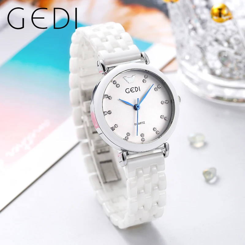 GEDI Fashion White Ceramics Women Watches Elegant 30M Waterproof Diamond Scale Ladies Quartz Watch Gift for Girls Reloj Mujer