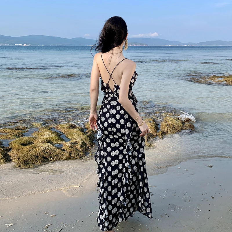 

Женский пляжный сарафан в горошек, элегантное облегающее черное платье макси в стиле ретро с оборками и открытой спиной для отпуска, лето 2023