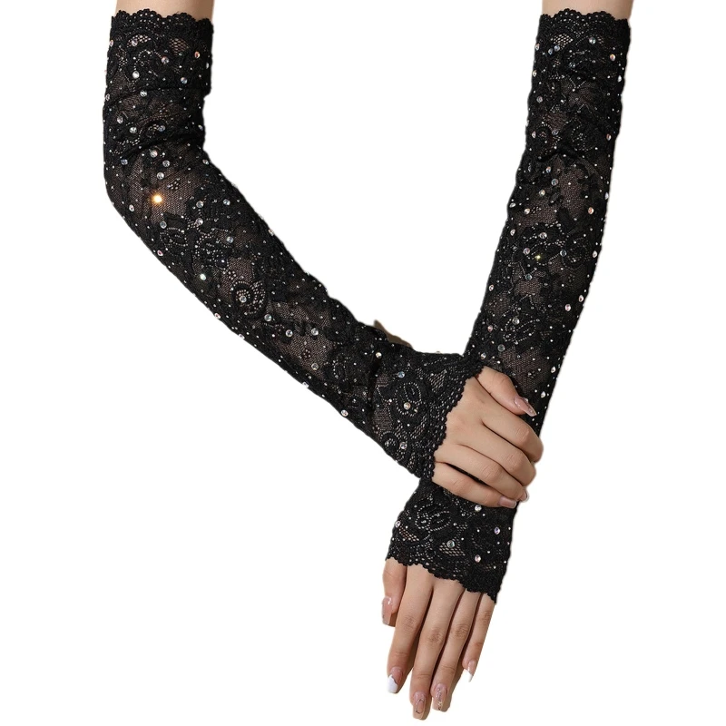 

E9LC Lace Rhinestone Gloves Black Short Stretch Lace Glitter Bar Gloves for Girl
