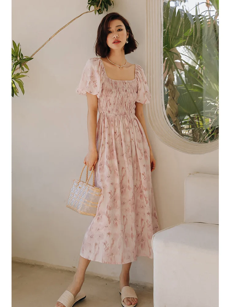 Pink Fragmented Flower Dress Shows Thin Tea Break French Long Dress Women's Summer New Style Elegant Feeling Waist Closing