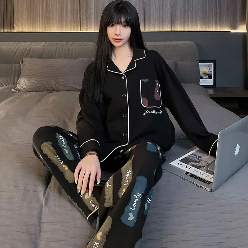 Pajamas Women's Spring Autumn New Loose Long Sleeve Cardigan Pijamas Two Piece Korean Cute Cartoon Sleepwear Home Clothes Set