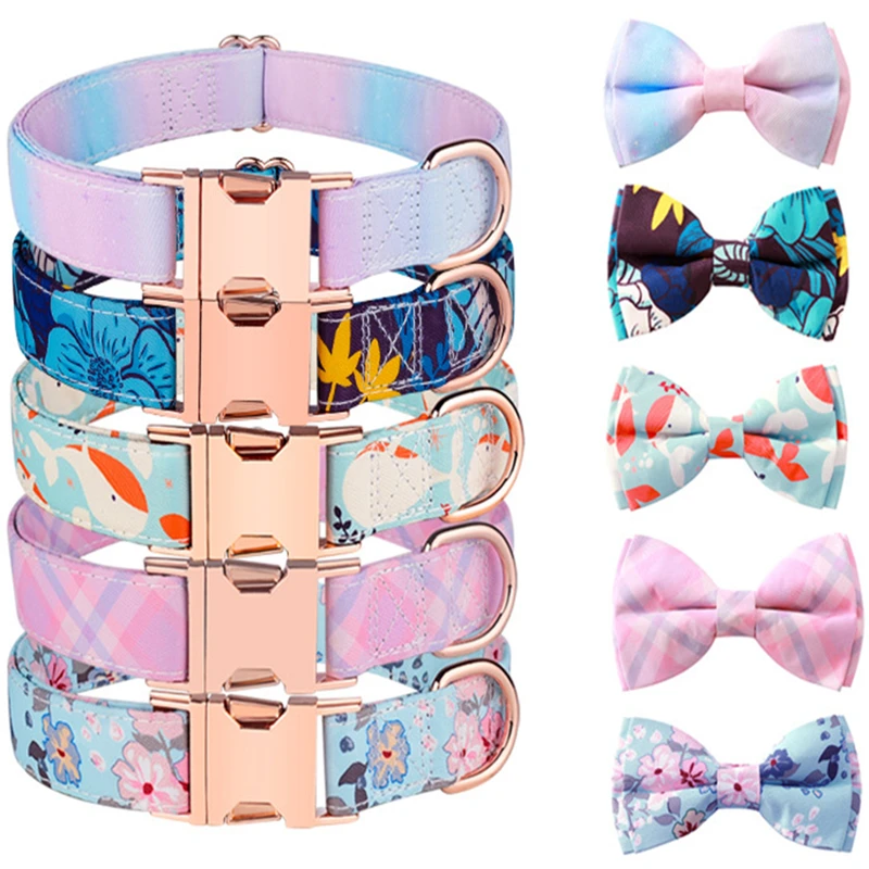 

DHK Plaid Flowers Gradient Colors Polyester Cotton Dog Collar With Bows Adjustable Decorations C2026