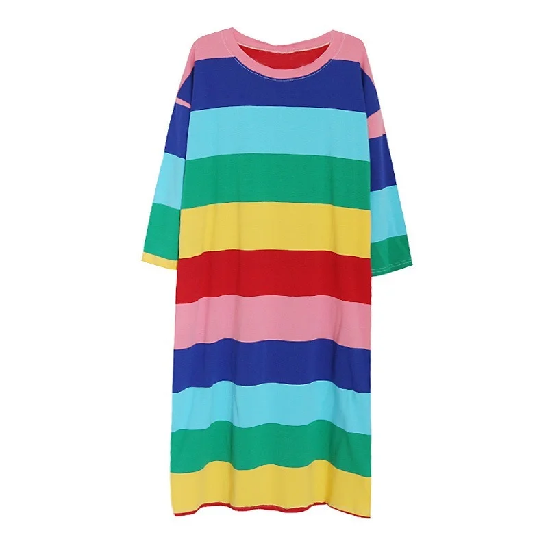 

Autumn Winter Ladies Rainbow Striped Loose Long Nightdress Home O Collar Long-sleeved Nightdress