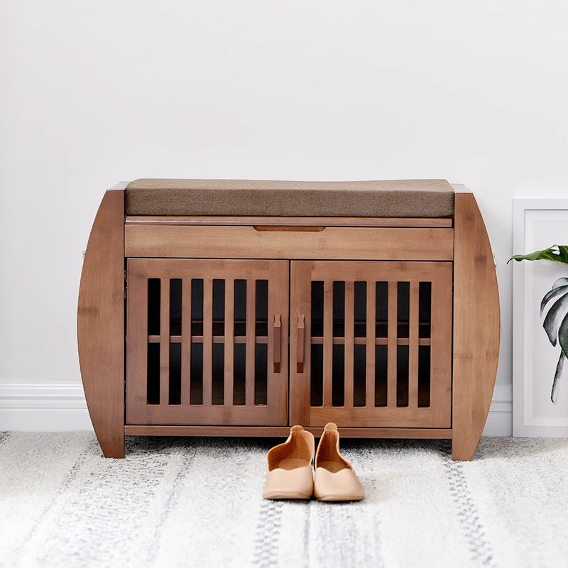 

Modern Bamboo Shoe Rack Cabinet Entryway Organizer Storage Household Shelf with Seat Cushion Bamboo Furniture Hallway Shoe Stand