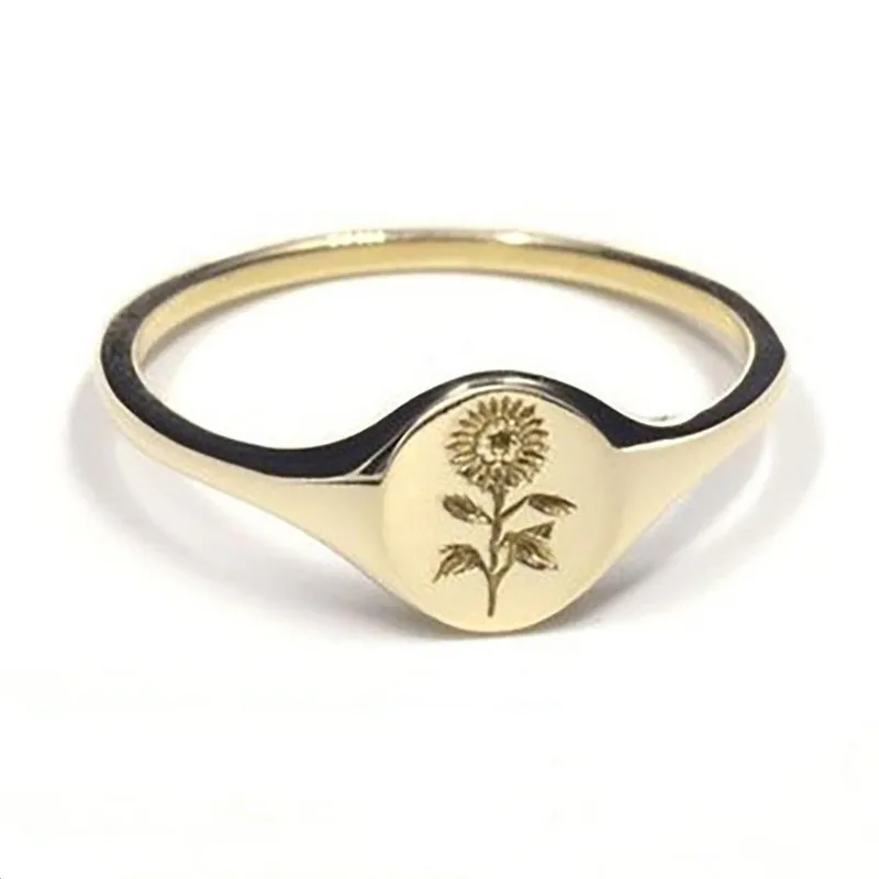 

Exquisite Gold Color Carving Flower Ring Simple Fashion Gold Color Metal Sunflower Ring Party Engagement Jewelry Gift