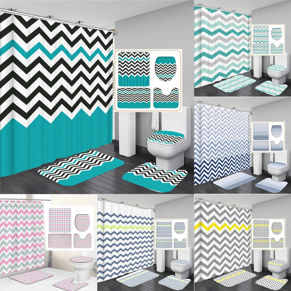 

Modern Black Grey Blue Stripe Print Shower Curtain Bathroom Curtains Set Geometric Bath Mat Rug Carpet cortina de ducha 180x180