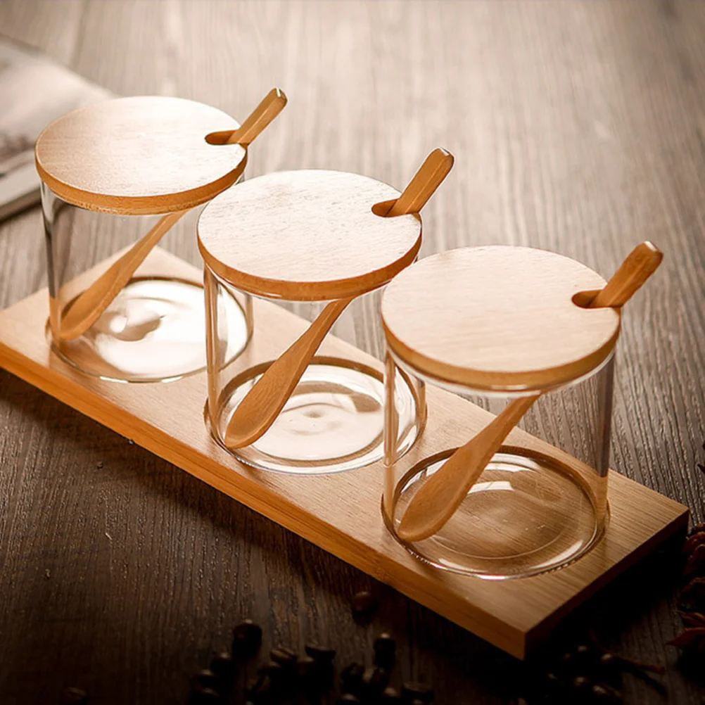 

3 Pcs/1 Condiment Seasoning Organizer Jar Canister Food Containers Lids Box Set Glass Storage Jars Salt Pot
