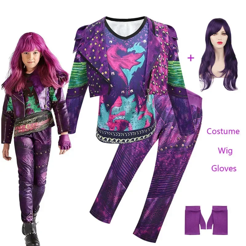 Фото Новинка 2025 года, детская одежда Descendants 3 Evie, карнавальный костюм для девочек, пальто, жилет, брюки, перчатки, комплекты париков, 5 шт., Хэллоуин, вечеринка C wat158 №2