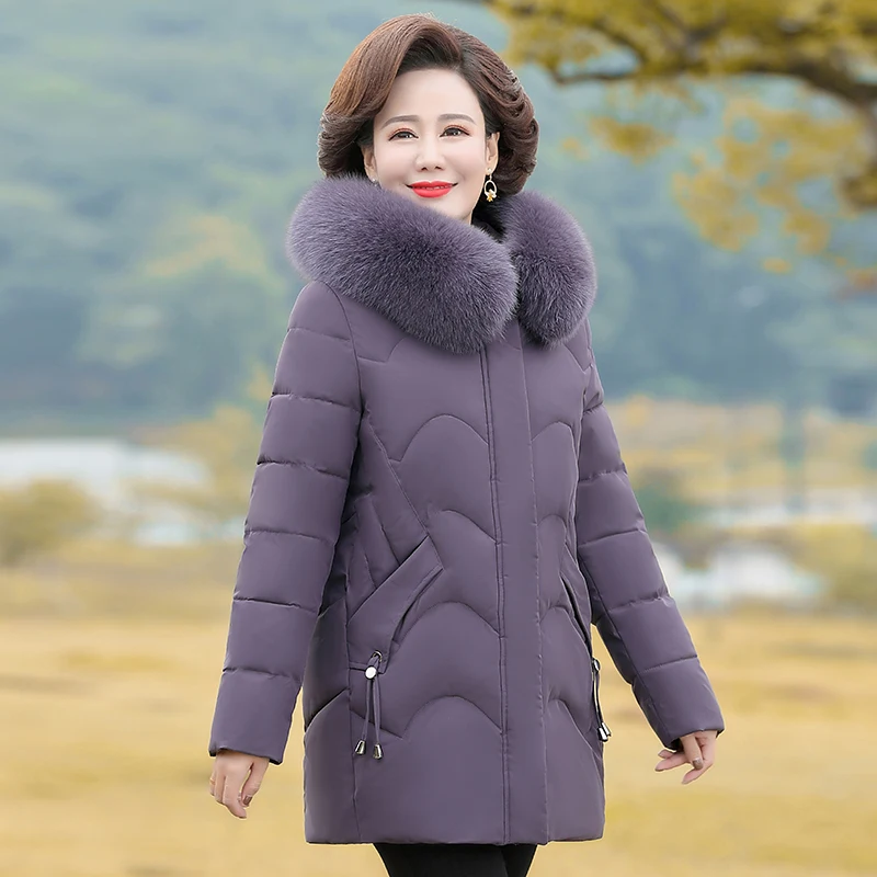 Middle Aged Women Thick Down Padded Cotton Jacket New Fashion Hooded Fur Collar Parkas Women Winter Jacket Coat Outerwear