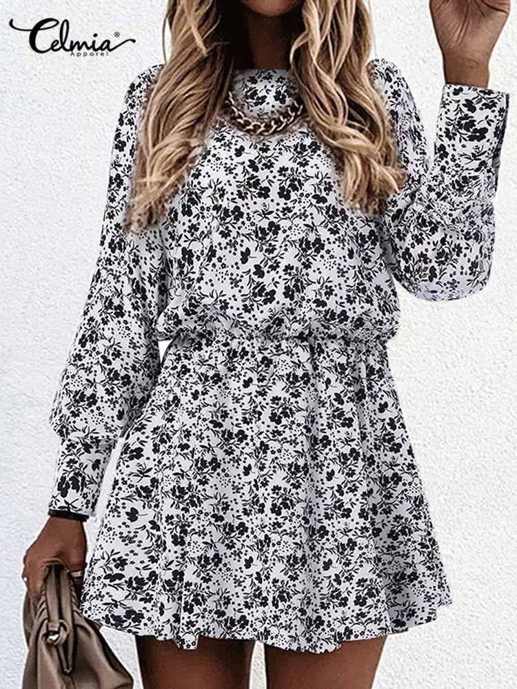 

Celmia Floral Print Women Vestidos Bohemian O Neck Elegant Waisted Short Robe Long Puff Sleeve 2022 Fashion Ruffled Mini Dress