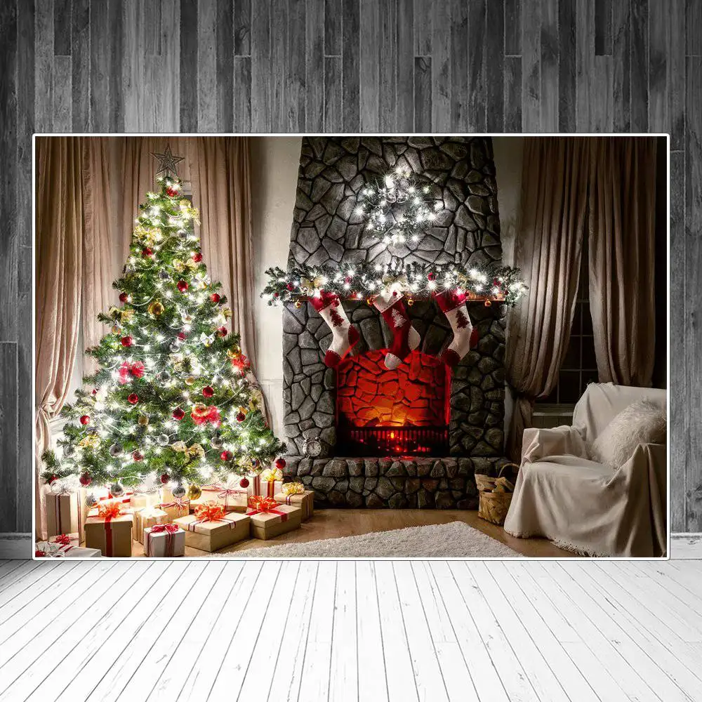 

Фоны для фотосъемки с изображением ночных огней рождественской елки камина на заказ носков венков подарков фотографий