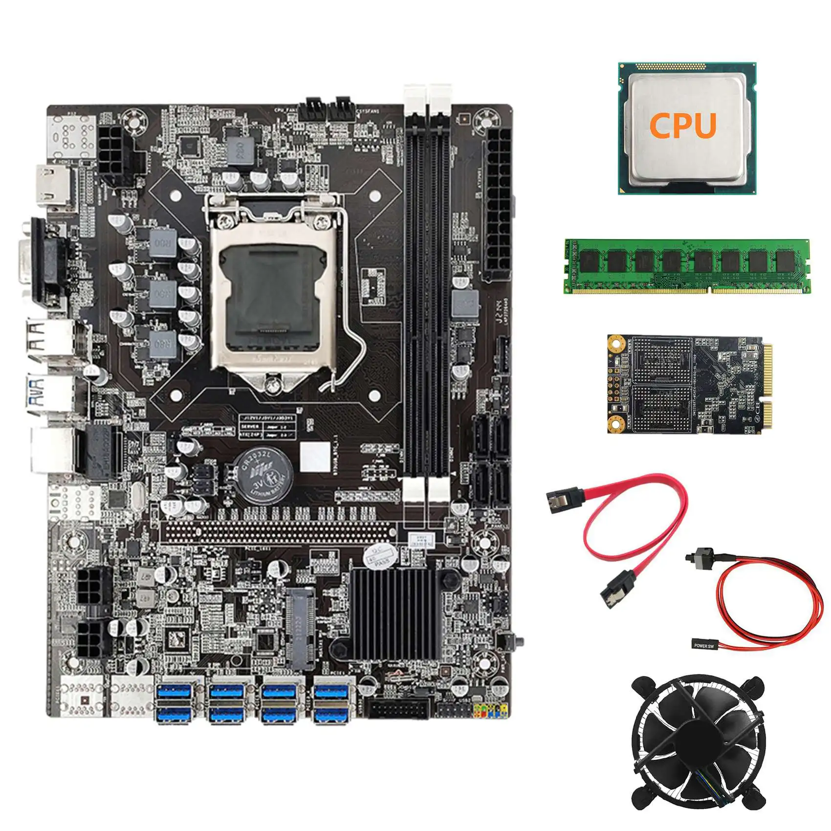 

B75 BTC Mining Motherboard+CPU+Fan+DDR3 4GB 1600Mhz RAM+128G SSD+SATA Cable+Switch Cable LGA1155 8XPCIE to USB Board