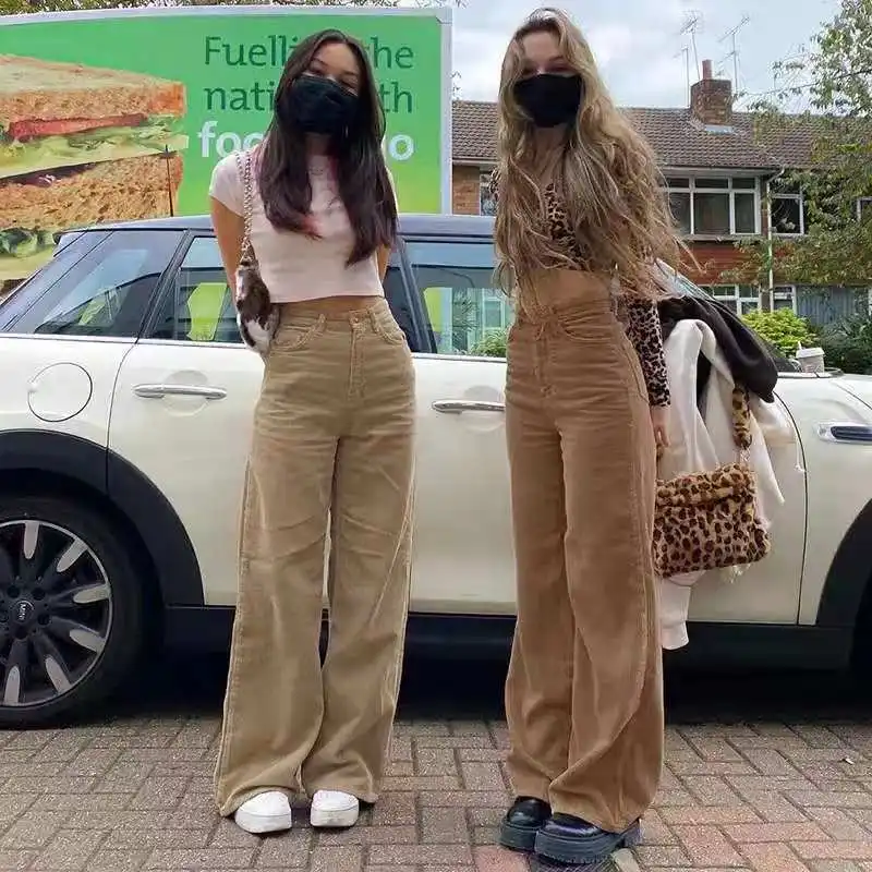 

Women's Retro corduroy casual pants Harajuku super large brown wide leg pants Street jogging pants straight high waist pants